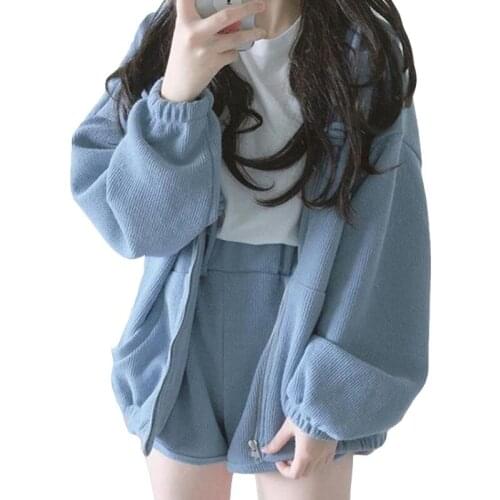 Vintage Sweatshirt Women Autumn Winter Clothes Korean Hooded Plush Thicken Cute Zipper Coat Loose Student Clothing Solid Color