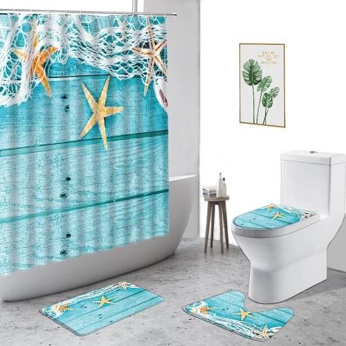 Retro Wood Grain Beach Scenery Shower Curtain Starfish Shell Anchor Nautical Theme Bathroom Decor Curtains Set Non-Slip Carpet
