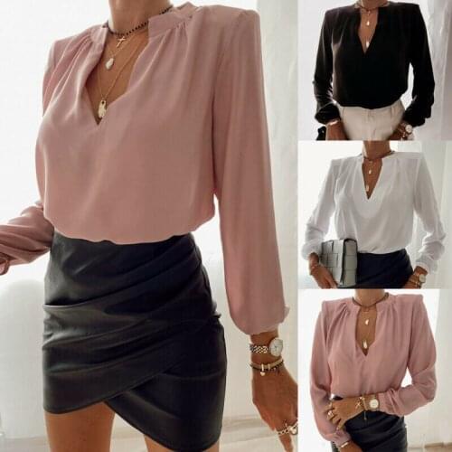 Ladies V Neck Shirt Long Puff Sleeve Slim Fit OL Career Office Blouse Women Tops