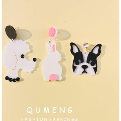 QUMENG New Fashion Cartoon Animal Stud Earrings for Women French Bulldog Poodle rabbit Earrings Cute acrylic Earring Party Gift