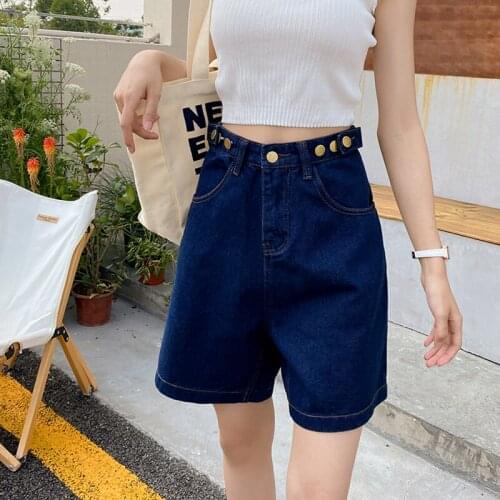 Shnsophi New Summer 2021 Women Dark Blue Denim Shorts Straight Retro Female Loose Button Ladies Jeans Streetwear Bermuda Shorts