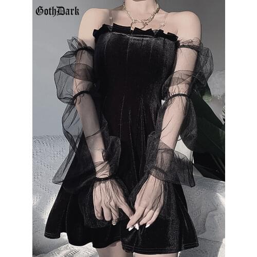 Goth Dark Mesh Vintage Gothic Dresses Egirl 2020 Aesthetic Transpanent Strap Pleated Dress Chic Punk Hip Hop Grunge Emo Y2K Chic