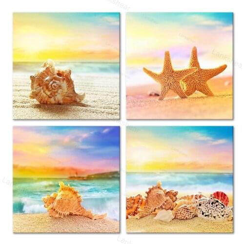 4 Panel Canvas Painting Conch Sea Star Seascape Photo Mural Home Decoration Frameless Artwork Adult Gift