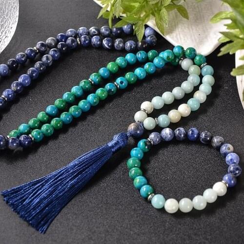 8mm Natural Blue Vein Phoenix Lapis Lazuli Amazonite Beaded Necklace Meditation Yoga Blessing Jewelry Set 108 Mala Rosary
