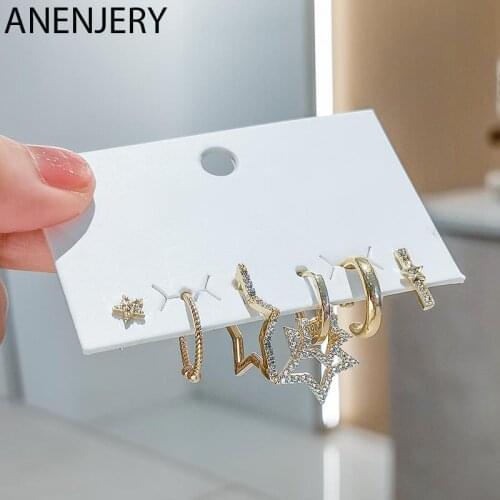 ANENJERY 6 pieces/set 925 Sterling Silver Star Hoop Earrings Set Luxury Shiny Micro Zircon Geometric Earrings Wholesale