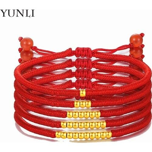 YUNLI Pure 24K 999 Gold Ball Bracelet Handmade Adjustable Lucky Red String for Women or Children Fine Jewelry Birthday Gift