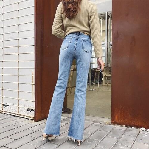 Korean Flare Pants Women New Autumn Winter Denim Pants Full Length Ripped Slim Fit Cotton Jeans Trousers Fashion Streetwear