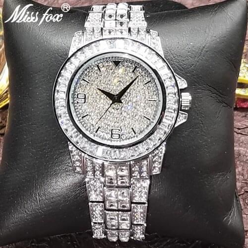 Hip Hop MISSFOX Fully Iced Out Men Watches Silver Stainless Steel Fashion Top Brand Luxury Quartz Wristwatches Business Clocks