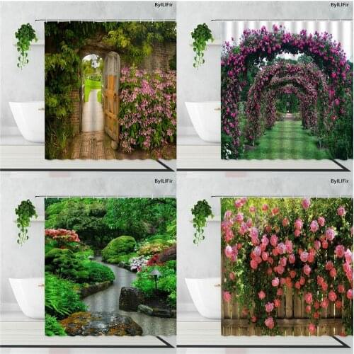 Flowers Pastoral Retro Wooden Door Shower Curtains Beautiful Green Plant Rose Garden Art Background Bathroom Curtain Home Decor
