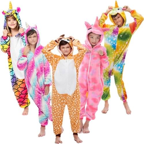 Childrens Flannel Rainbow Unicorn Onesie Cosplay Animal animal Girls Christmas Fashion Sleepwear For Kids 4-12 Years