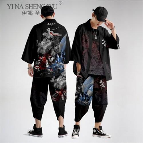 Chinese Anime New Print Kimono Cardigan Men Japanese Style Traditional Casual Loose Set Of Coat And Pants Harajuku Asian Clothes