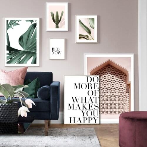 Wall Art Print Canvas Painting Nordic Poster Decoration Pictures for Living Room Pink Wall Monstera Cactus Green Plants Quotes