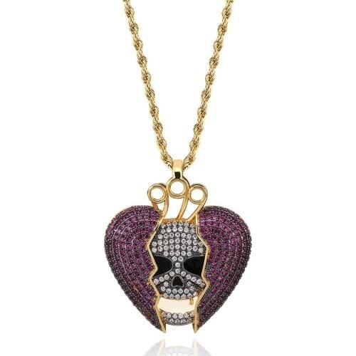 18K Gold Plated Bling CZ Simulated Diamond Iced Devil Skull Heartbreak Pendant Necklace Hip Hop Chain Jewelry for Men Charm Gift