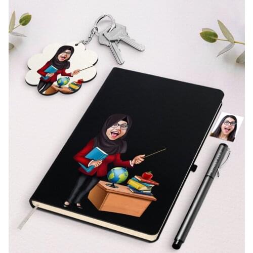 Personalized Women 'S Teacher Caricature Of Black Notebook Pen And Keychain Gift Seti-7