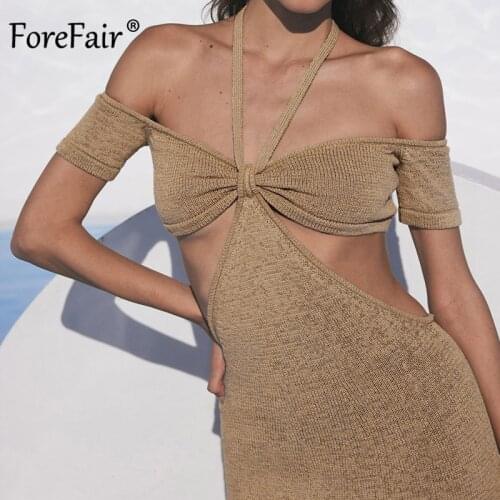 Forefair Fashion Cut Out Summer Halter Midi Dress Elegant Short Sleeve Backless Long Dresses Lady Holiday Beachwear Clothes