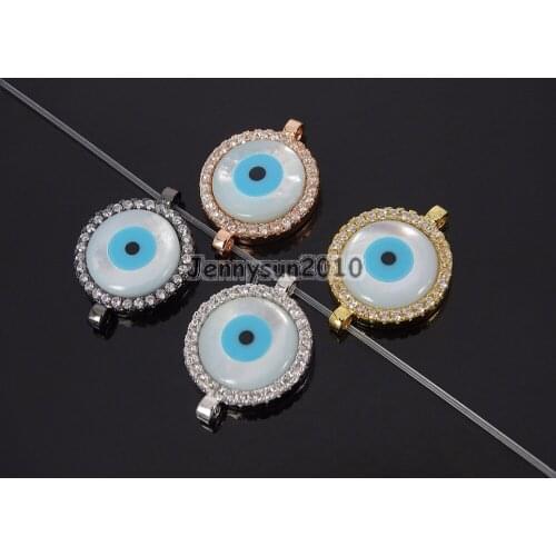 Clear Zircon Gems Stones Pave Round Lucky Eye Mother Of Pear Bracelet Connector Charm Beads 10Pcs/Pack