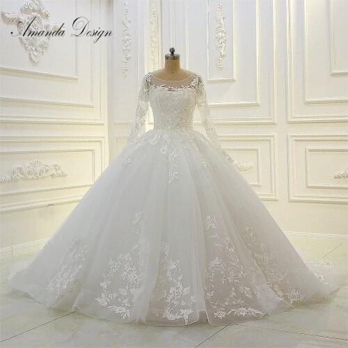 Vestido de casamento Fluffy Ball Gown Lace Appliqued Keyhole Back Long Sleeve Wedding Dress