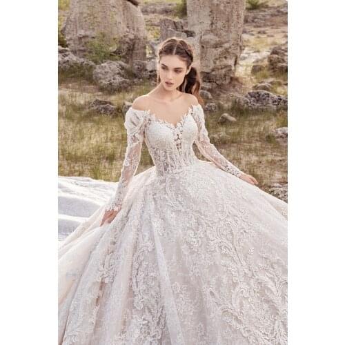Luxury Wedding Dresses Lace Off Shoulder Cathedral Bridal Gowns Custom Made Long Sleeves Sweep Train Ball Gown Wedding Dress