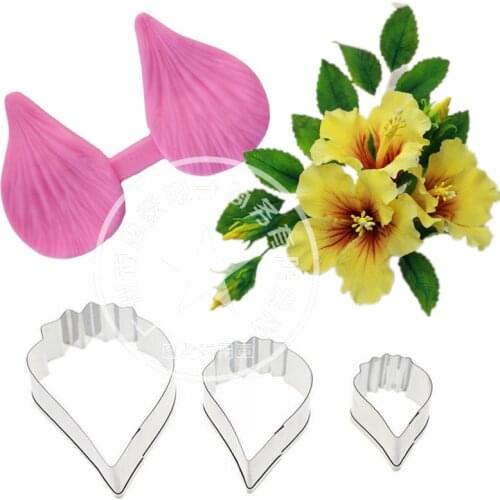 Gumpaste Hibiscus Petal Silicone Veiner & Cutter Flower Cutter Fondant Sugarcraft Stainless Steel Cutter Cake Decorating Moulds
