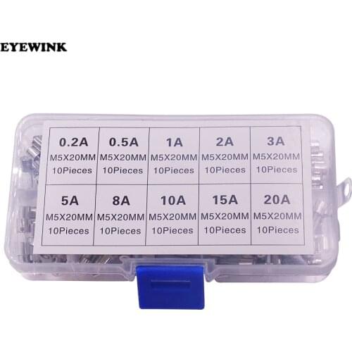 100Pcs/Set 5x20mm Quick Blow Glass Tube Fuse Assorted Kits,Fast-blow Glass Fuses 0.2A 0.5A 1A 2A 3A 5A 8A 10A 15A 20A
