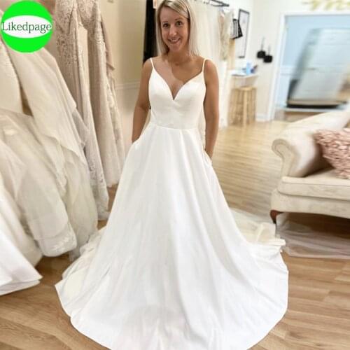 Wedding Dress 2021 Vestidos De Novia Simple Satin Spaghetti Straps Robe Mariage Femme Boda Bride Gown Trouwjurk With Pockets Bow