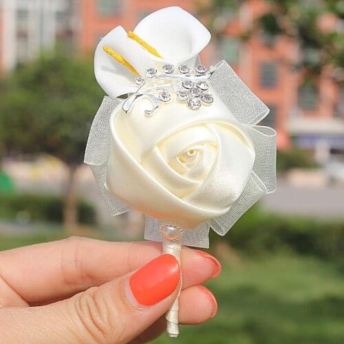 Wedding Corsages And Boutonnieres Ivory Rose Flower Groom Boutonniere For Men Bride Pin Brooch Wedding Party Accessories X287