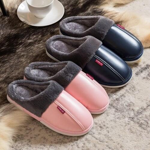 Half-pack with Warm Thick-soled Non-slip Leather Cotton Slippers for Womens Autumn and Winter Home Indoor Mens Wool Slippers