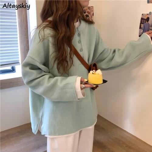 Sweatshirts Women Solid Casual O-Neck Long Sleeve Loose Side-slit Simple Fashion Korean Style Female Hoodies All-match Daily New