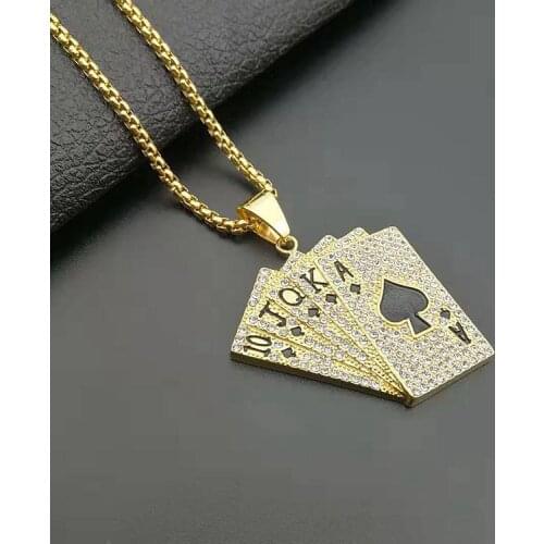 Hip Hop Full Rhinestones Paved Bling Iced Out Stainless Steel Poker Straight Flush Pendants Necklace for Men Rapper Jewelry