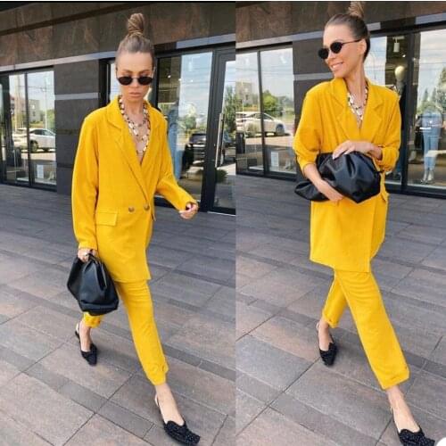 Fashion Street Blazer Suits Women Summer Yellow Slim Fit Two Button Evening Party Prom Office Lady Outfit Tuxedos (Jacket+Pants)