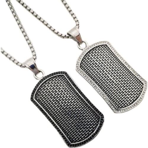 2019 New retro embossed dog tag pendant necklace 316L stainless steel tag necklace with pave setting CZ stones hip hop necklace