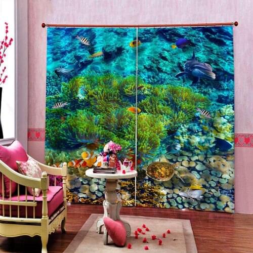 Large Customized 3D Blackout Curtain Underwater World Aquarium 3D Tropical Fish For Childrens room Window Drapes Decor Sets