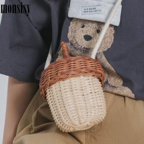 Monsisy Girl Rattan Bag For Women 2021 Mini Beach Bag Summer Cute Hand-Woven Straw Pinecone Purse Handbag Baby Coin Shoulder Bag