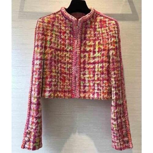 2021 Early Spring Women Pink Tweed Elegant Hand-weaving Jacket Tie-Dye Silk Lining Zipper Short Coat