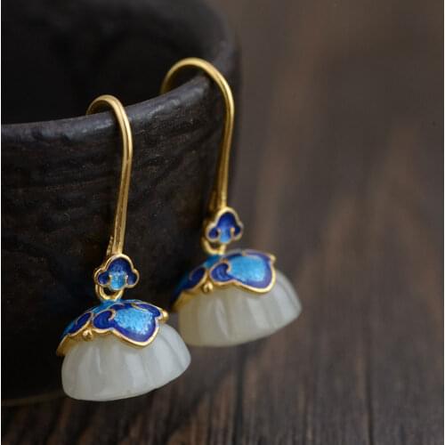 FNJ Lotus Jade Earrings 925 Silver 100% Pure Original S925 Silver Sterling Drop Earring for Women Jewelry Gold Color enameling