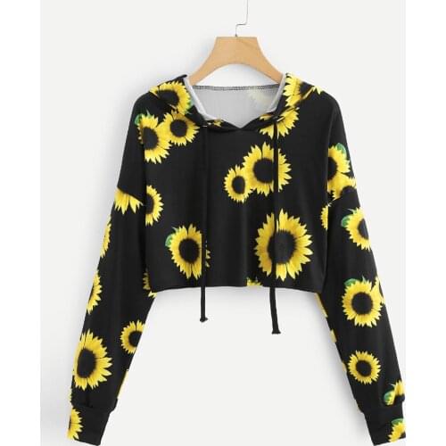 Women Hoodies Fashion Long Sleeve Sunflower Printing Hooded Sweatshirt Tops Bandage Autumn Casual Pullover Femme Clothes