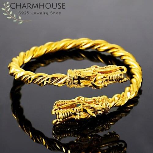 Charmhouse Pure Gold Color Bangles For Women Double Dragon Cuff Bracelet & Bangle Wristband Pulsiera Femme Bridal Jewelry Gift
