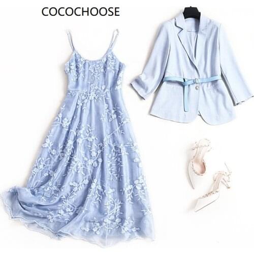 Women plus size blazer suit spring 2021 elegant one button blazers and spaghetti strap embroidery dress office two piece outfits