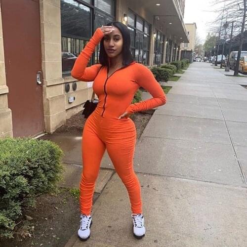 Sexy Clubwear 2020 Fashion Womens Fitness Zipper Rompers Jumpsuit V Neck Long Sleeve Workout Ribbed Knitted Jumpsuits