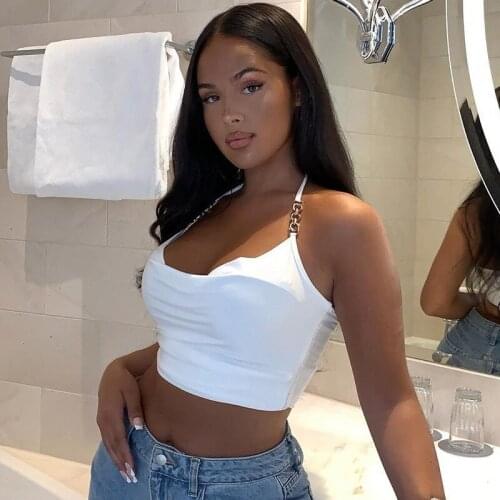 Solid Halter Sexy Crop Tops for Women Chain Straps Sleeveless Tie Up Vest Top Cropped Feminino Backless Club Tanks