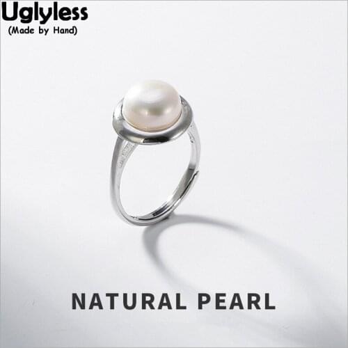 Uglyless 100% Real Solid 925 Sterling Silver Handmade Open Finger Rings for Women Natural Pearls Ring Semi round Pearl Jewelry