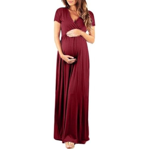 Womens pregnant women V-neck short-sleeve dress maternity dress solid color beach skirt maternity dress long skirt clothes