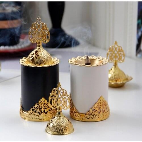 Golden Middle Eastern Arab Metal Incense Burner Holder Matte Black White Ceramic Tabletop Censer Decoration Crafts