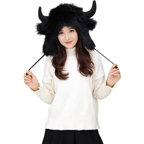 2021 Winter Super Warm Lovely Cartoon Antler Hat Adult Fur Bomber Hat Man / Women Unisex Deer Head Horn Hat Furry