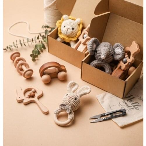4 Pcs Baby Rattle WoodenToys Crochet Elephant Bells Soother Bracelet Montessori Educational ToyTeether Set Baby Product