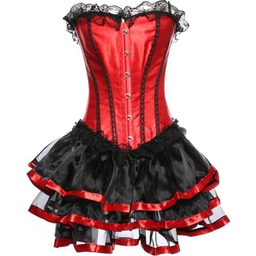 6XL Women Burlesque Dancer Dress Witch Halloween Sexy Underbust Bustier Corset Mini Skirt Gothic Satin Corset Dress With Skirt