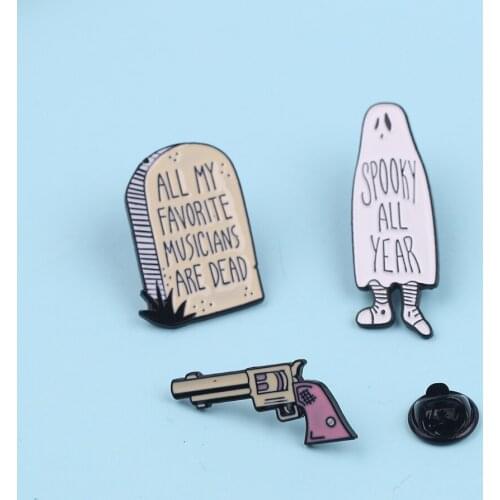 SPOOKY ALL YEAR Pistol Tombstone Badge Brooch Cowboy Cartoon Lapel Metal Enamel Pin Men Women Accessories Personality Ornaments