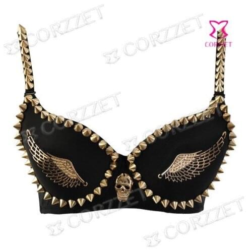 Sexy Ladys Black Gold Metallic Punk Spike Studs Rivet Bra Dance Club Wear Dress Women Bras Brassieres Lingerie Underwear 32-40B