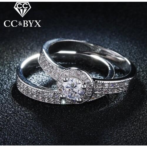 CC 2 Pieces Bridal Sets Double Rings for women AAA CZ 2 Colors Filled Wedding Ring Set Anillos Mujer Bijoux Bagues Femme CC042