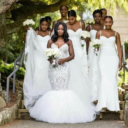 Elegant White Mermaid Long Bridesmaid Dresses 2020 Spaghetti Strap Sweetheart Backless Party Wedding Guest Dress Gown Vestidos